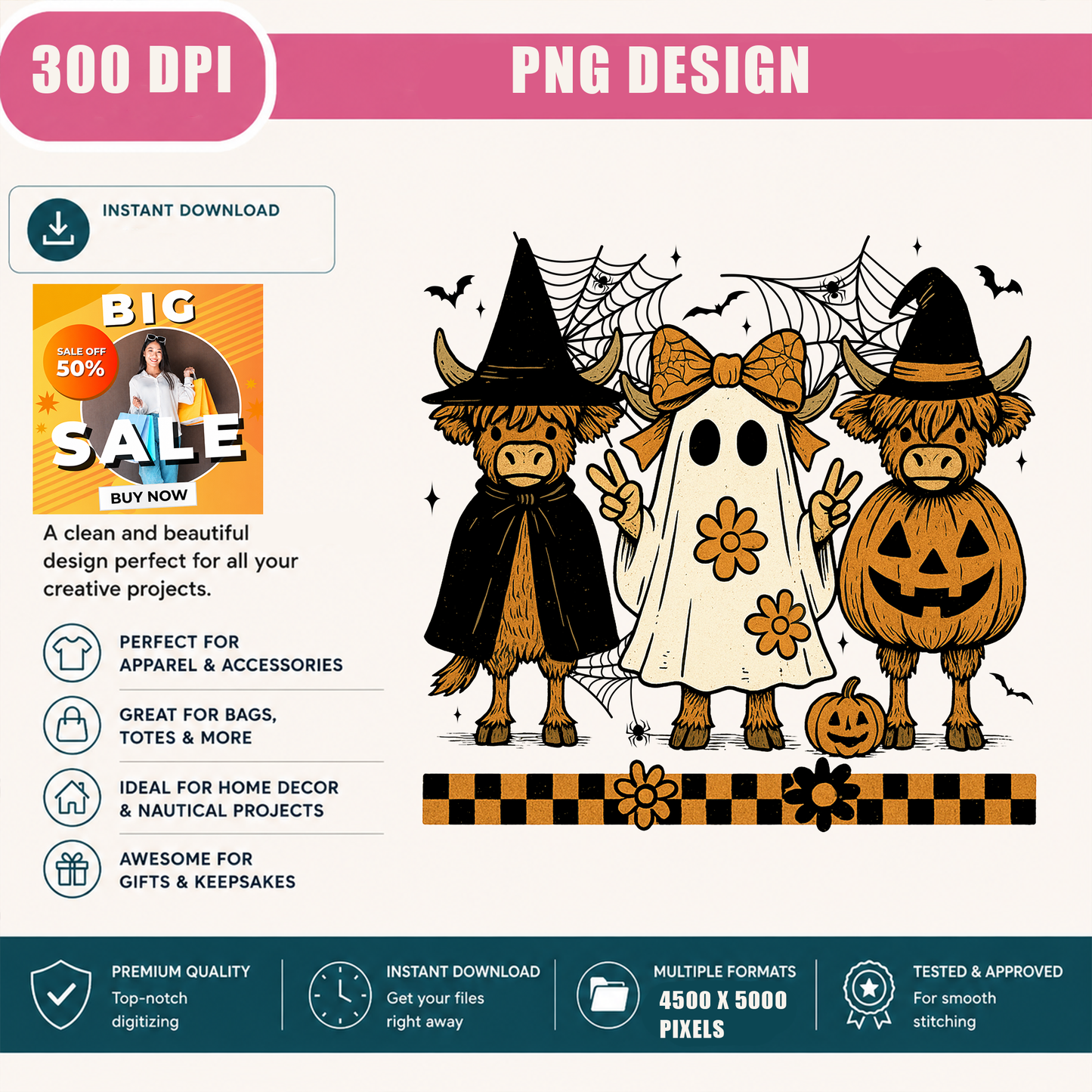 Groovy Highland Cows Halloween PNG Sublimation Design - Cute Coquette Ghost Witch Pumpkin Cow Digital File (4500x5000px, 300 DPI Transparent PNG)