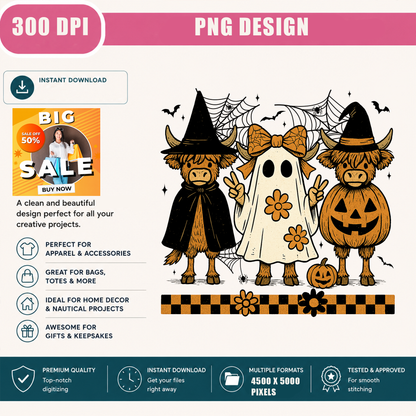 Groovy Highland Cows Halloween PNG Sublimation Design - Cute Coquette Ghost Witch Pumpkin Cow Digital File (4500x5000px, 300 DPI Transparent PNG)