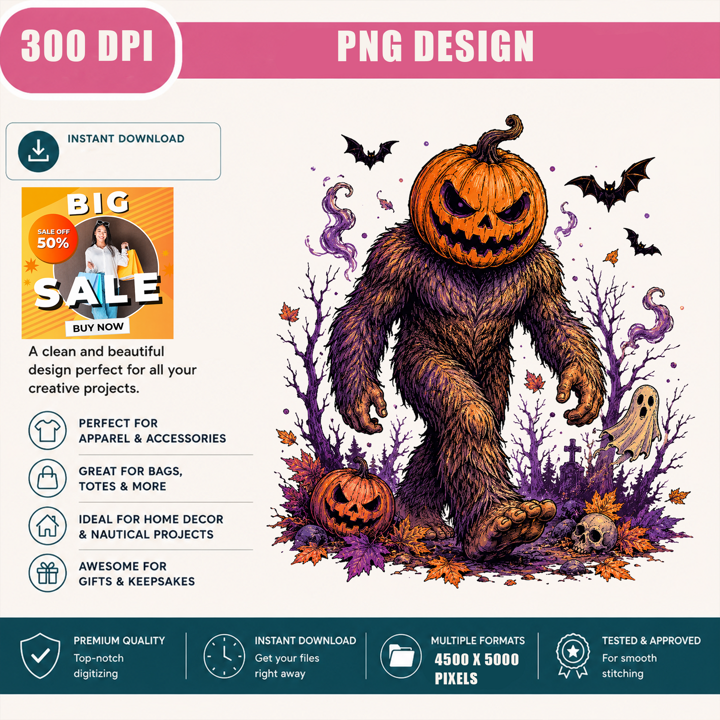 Halloween Bigfoot Pumpkin Head PNG, Sasquatch Halloween PNG, Spooky Jack O Lantern Monster PNG, Vintage Horror Shirt Design, Ghost Halloween Digital Download, 300 DPI Transparent PNG