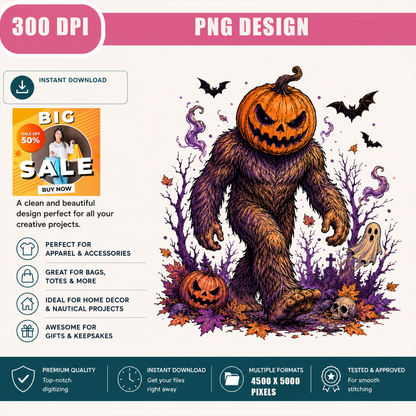 Halloween Bigfoot Pumpkin Head PNG, Sasquatch Halloween PNG, Spooky Jack O Lantern Monster PNG, Vintage Horror Shirt Design, Ghost Halloween Digital Download, 300 DPI Transparent PNG