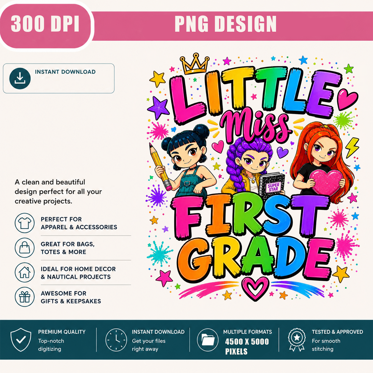 First Grade Girl PNG | Cute Back to School Shirt Design | Colorful Student Sublimation Graphic | Instant Digital Download