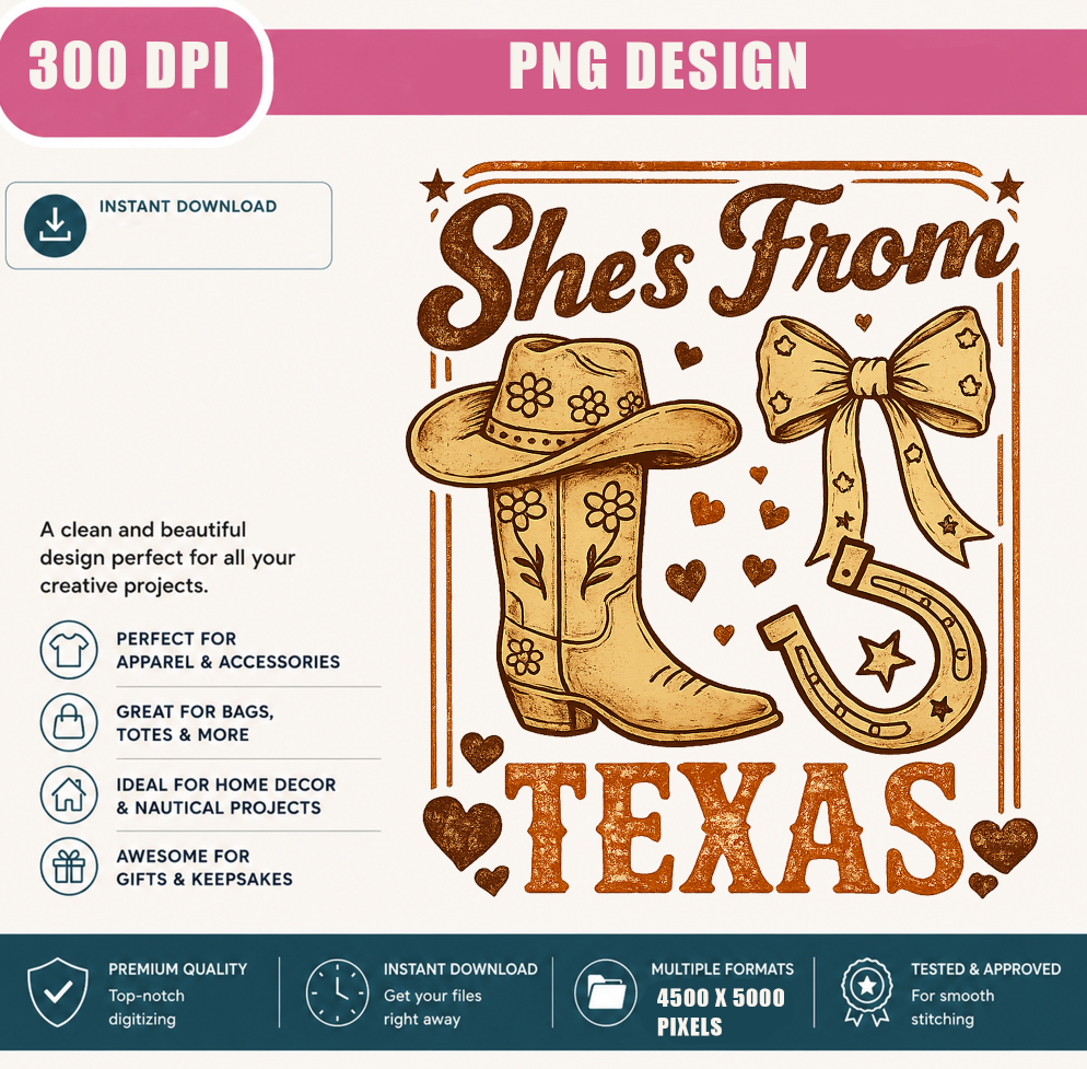 She's From Texas PNG, Western Cowgirl Boots, Lucky Horseshoe, Rustic Country Girl, Rodeo Shirt Sublimation, Digital Download
