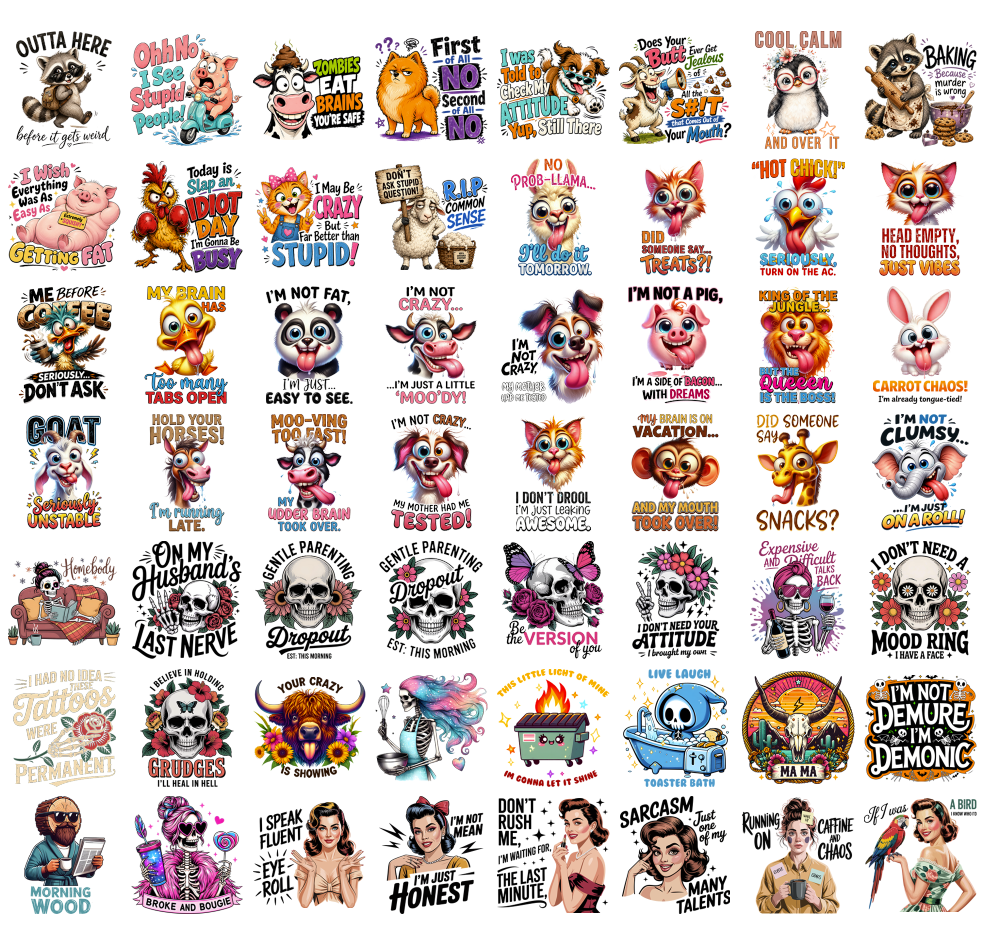 Funny Animal PNG Bundle, Sarcastic Quotes, Skeleton Humor, Coffee Meme Shirt Designs, Sublimation PNG Digital Download