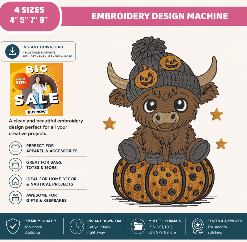 Highland Cow Halloween Embroidery Design, Cute Baby Highland Cow on Pumpkin Machine Embroidery File, Fall Embroidery, PES DST EXP JEF VP3 HUS XXX