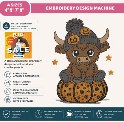 Highland Cow Halloween Embroidery Design, Cute Baby Highland Cow on Pumpkin Machine Embroidery File, Fall Embroidery, PES DST EXP JEF VP3 HUS XXX