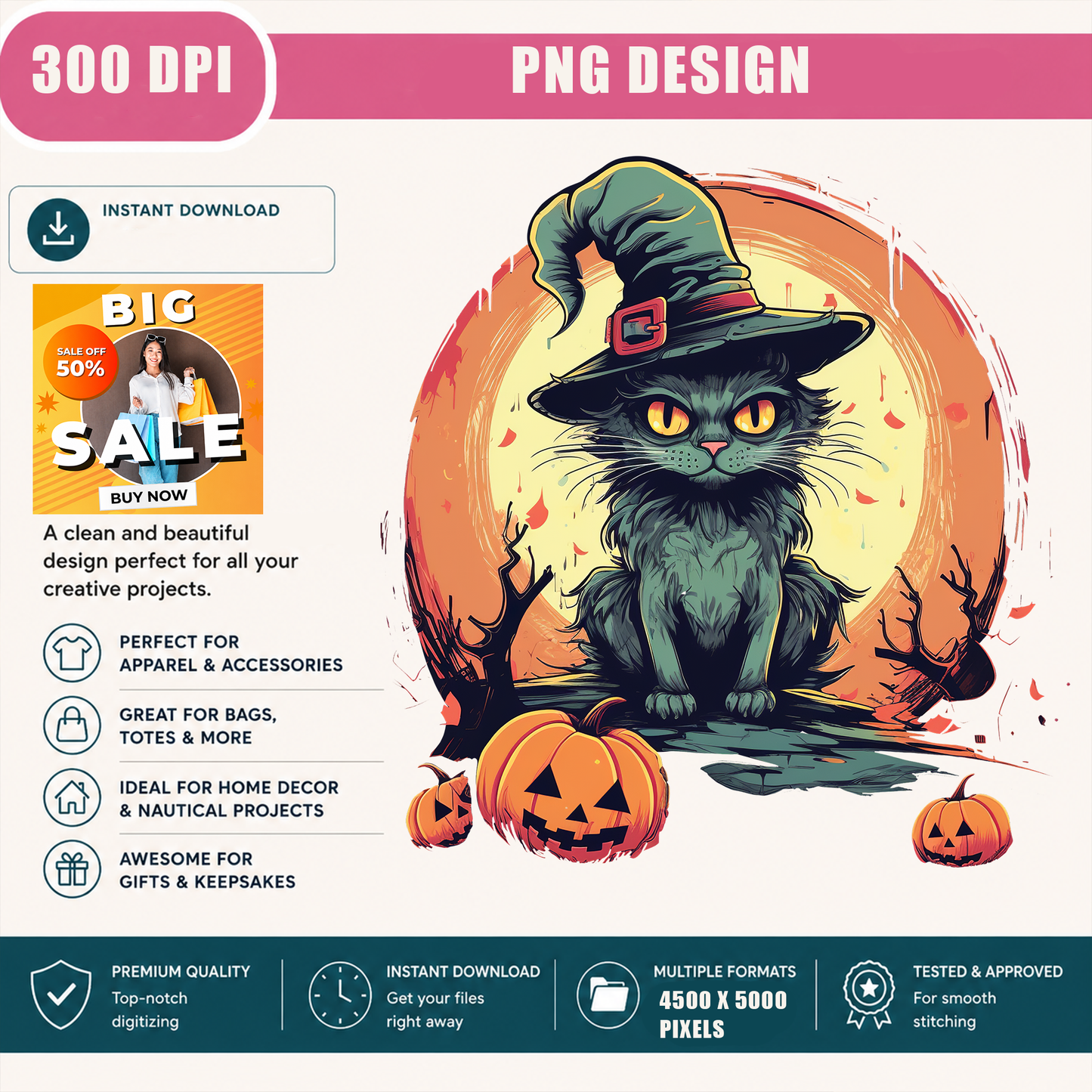 Vintage Witch Black Cat PNG Sublimation Design - Spooky Cat Mom Full Moon Pumpkin Halloween Digital File (4500x5000px, 300 DPI Transparent PNG)