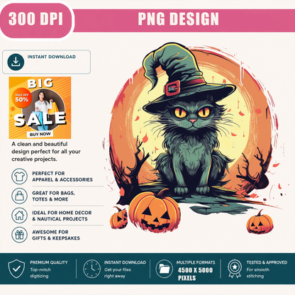 Vintage Witch Black Cat PNG Sublimation Design - Spooky Cat Mom Full Moon Pumpkin Halloween Digital File (4500x5000px, 300 DPI Transparent PNG)