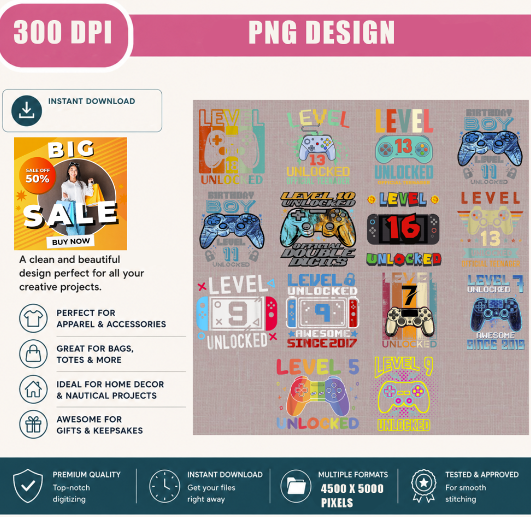 14+ Gaming Birthday PNG Bundle, Level Unlocked Birthday Shirt Designs, Gamer Party Sublimation Collection, Printable Digital Download