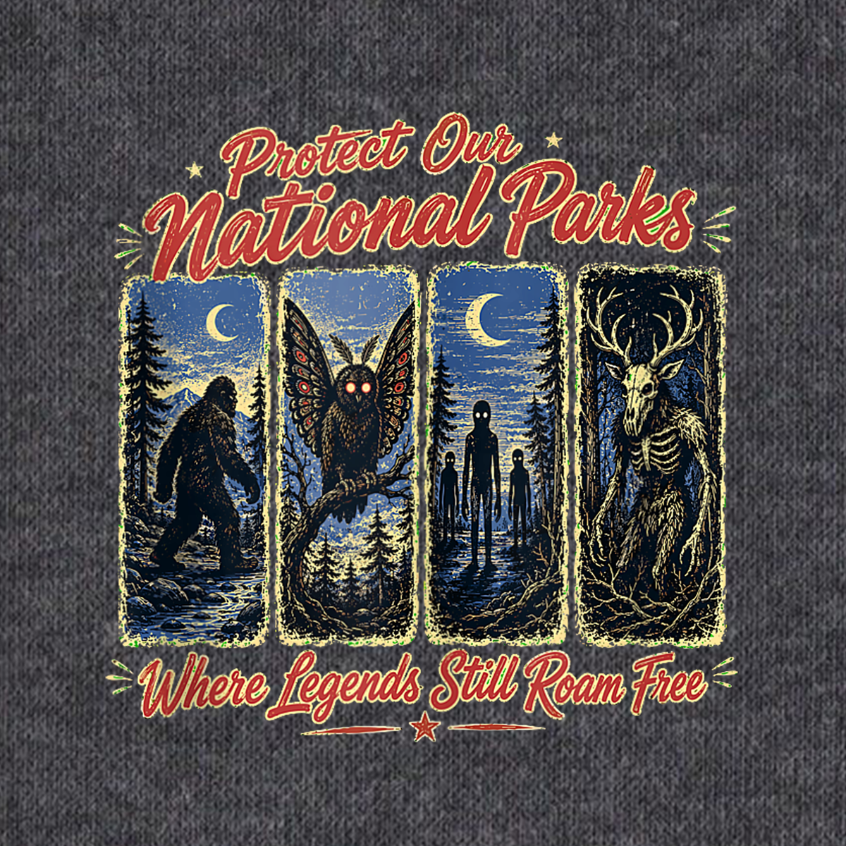 Protect Our National Parks Cryptid PNG Sublimation Design - Vintage Bigfoot Mothman Wendigo Spooky Camping Digital File (4500x5000px, 300 DPI Transparent PNG)