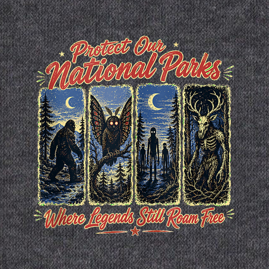 Protect Our National Parks Cryptid PNG Sublimation Design - Vintage Bigfoot Mothman Wendigo Spooky Camping Digital File (4500x5000px, 300 DPI Transparent PNG)