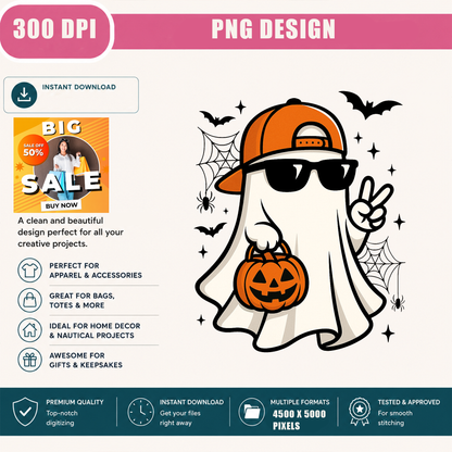 Cool Ghost Sunglasses PNG Sublimation Design - Retro Peace Sign Ghost Hat Pumpkin Halloween Digital File (4500x5000px, 300 DPI Transparent PNG)