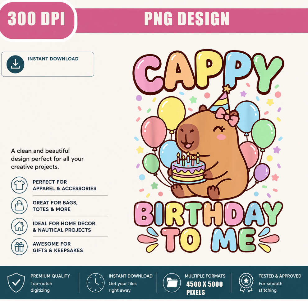 Capy Birthday to Me PNG, Cute Capybara with Birthday Cake, Kawaii Birthday Shirt Design, Printable Digital Download