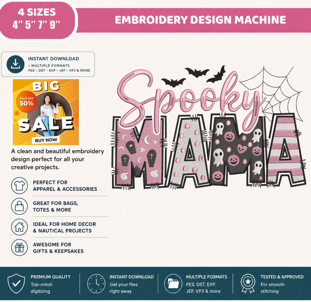 Spooky Mama Embroidery Design, Pink Halloween Mama Machine Embroidery File, Ghost Pumpkin Leopard Letters, PES DST EXP JEF VP3 HUS XXX