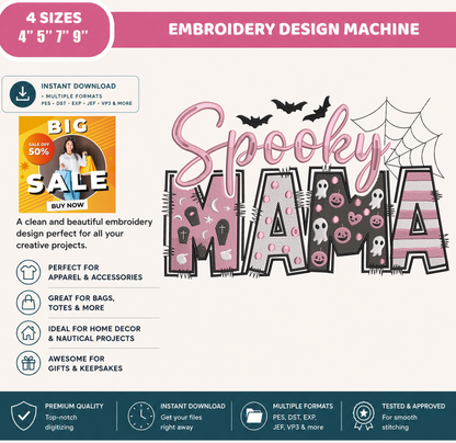 Spooky Mama Embroidery Design, Pink Halloween Mama Machine Embroidery File, Ghost Pumpkin Leopard Letters, PES DST EXP JEF VP3 HUS XXX
