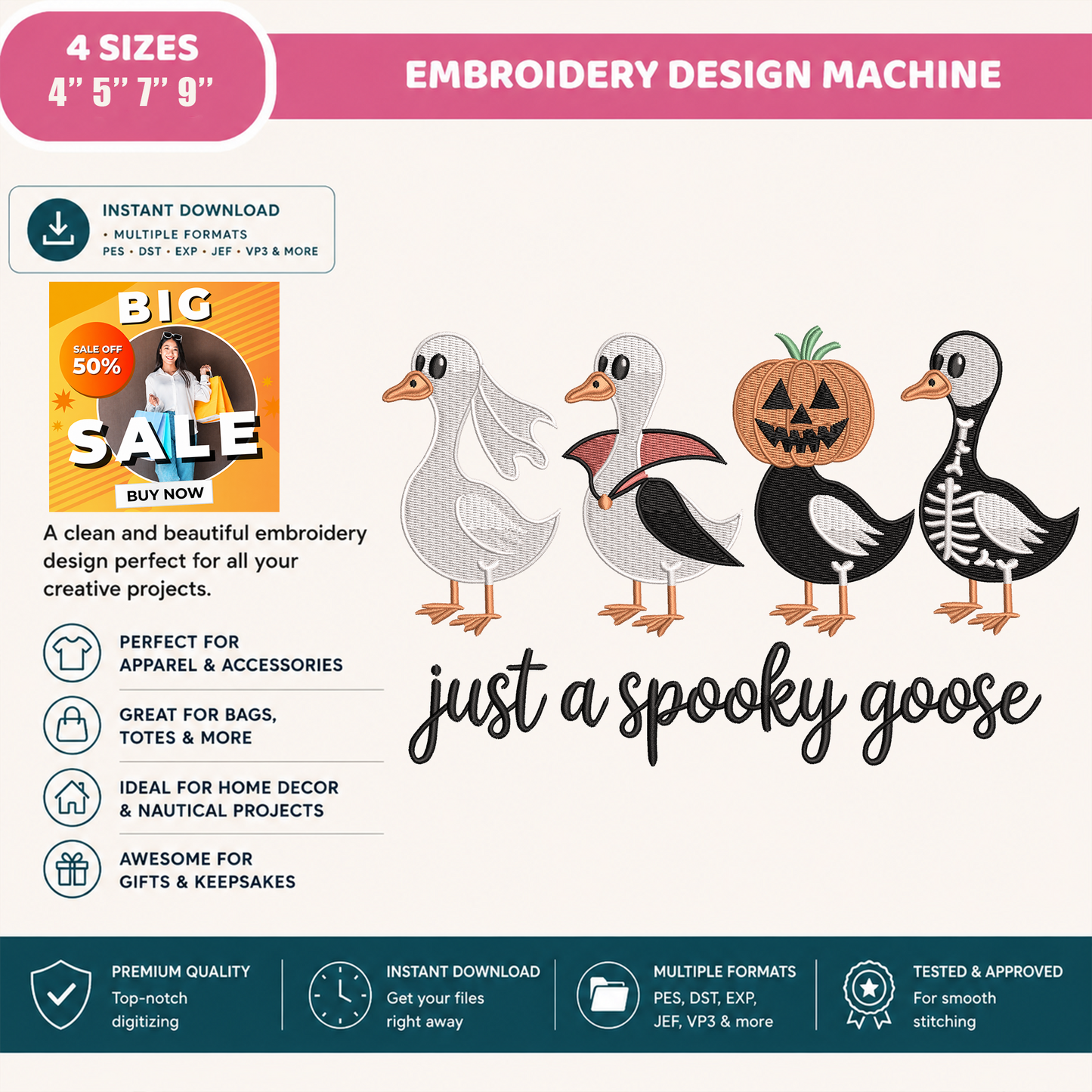Just A Spooky Goose Machine Embroidery Design - Halloween Goose Costume Digital File (4in, 5in, 7in, 9in) - EMB, DST, JEF, EXP, PES, VP3, HUS, XXX