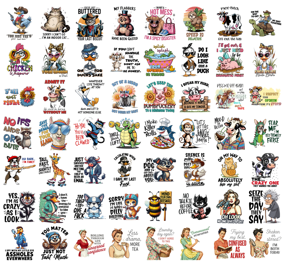 Funny Animal PNG Bundle, Sarcastic Quotes, Duck Cat Cow Dog Bee Retro Vintage Shirt Designs, Sublimation PNG Digital Download