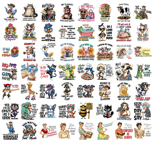 Funny Animal PNG Bundle, Sarcastic Quotes, Duck Cat Cow Dog Bee Retro Vintage Shirt Designs, Sublimation PNG Digital Download