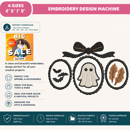 Coquette Ghost Frame Trio Machine Embroidery Design - Vintage Bow Halloween Digital File (4in, 5in, 7in, 9in) - EMB, DST, JEF, EXP, PES, VP3, HUS, XXX