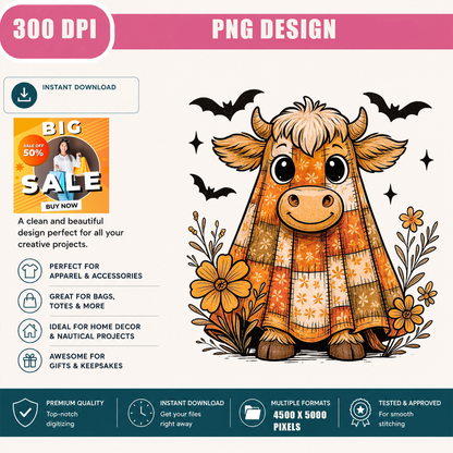 Cute Ghost Highland Cow PNG Sublimation Design - Floral Patchwork Sheet Ghost Halloween Digital File (4500x5000px, 300 DPI Transparent PNG)