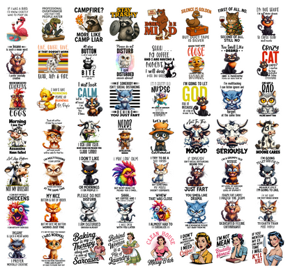 Funny Animal PNG Bundle, Sarcastic Quotes, Cat Owl Cow Chicken Nurse Vintage Retro Shirt Designs, Sublimation PNG Digital Download