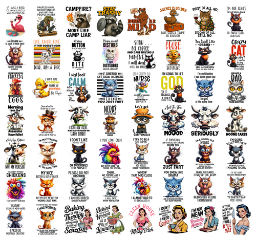 Funny Animal PNG Bundle, Sarcastic Quotes, Cat Owl Cow Chicken Nurse Vintage Retro Shirt Designs, Sublimation PNG Digital Download