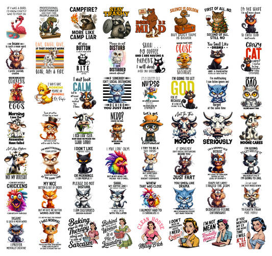 Funny Animal PNG Bundle, Sarcastic Quotes, Cat Owl Cow Chicken Nurse Vintage Retro Shirt Designs, Sublimation PNG Digital Download
