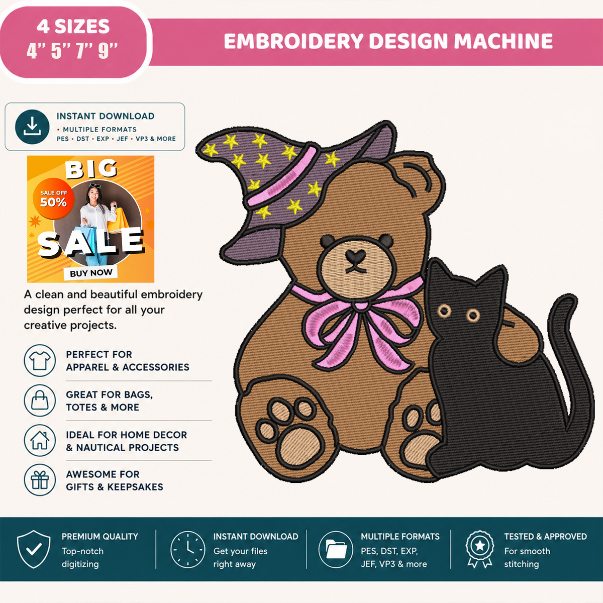 Witch Teddy Bear and Black Cat Machine Embroidery Design - Cute Pink Bow Halloween Digital File (4in, 5in, 7in, 9in) - EMB, DST, JEF, EXP, PES, VP3, HUS, XXX