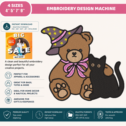 Witch Teddy Bear and Black Cat Machine Embroidery Design - Cute Pink Bow Halloween Digital File (4in, 5in, 7in, 9in) - EMB, DST, JEF, EXP, PES, VP3, HUS, XXX