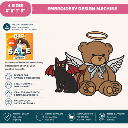 Angel Bear and Devil Cat Machine Embroidery Design - Cute Good vs Evil Halloween Digital File (4in, 5in, 7in, 9in) - EMB, DST, JEF, EXP, PES, VP3, HUS, XXX
