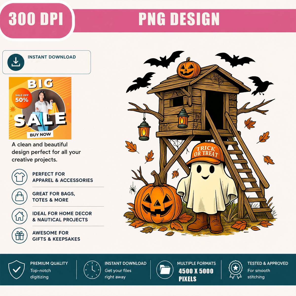 Halloween Treehouse PNG Sublimation Design - Cute Ghost in Boots Trick or Treat Pumpkin Digital File (4500x5000px, 300 DPI Transparent PNG)