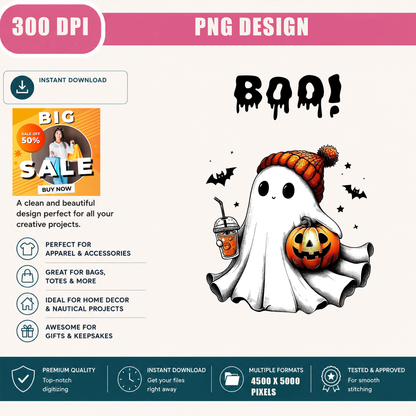 Iced Coffee Ghost PNG Sublimation Design - Cute Beanie Ghost Pumpkin Spice Latte Digital File (4500x5000px, 300 DPI Transparent PNG)