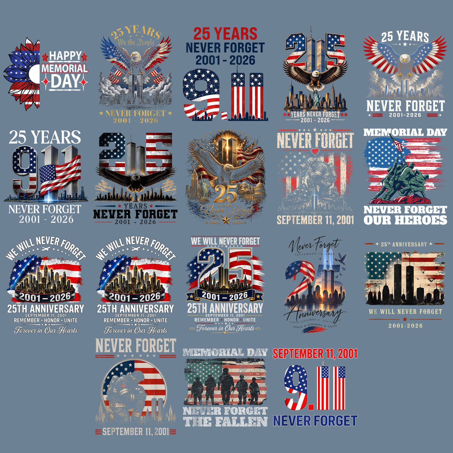 9 11 25th Anniversary PNG Bundle 18 Designs - Never Forget 2001 2026 Twin Towers Eagle Patriotic Memorial Day Digital File (4500x5000px, 300 DPI Transparent PNG)