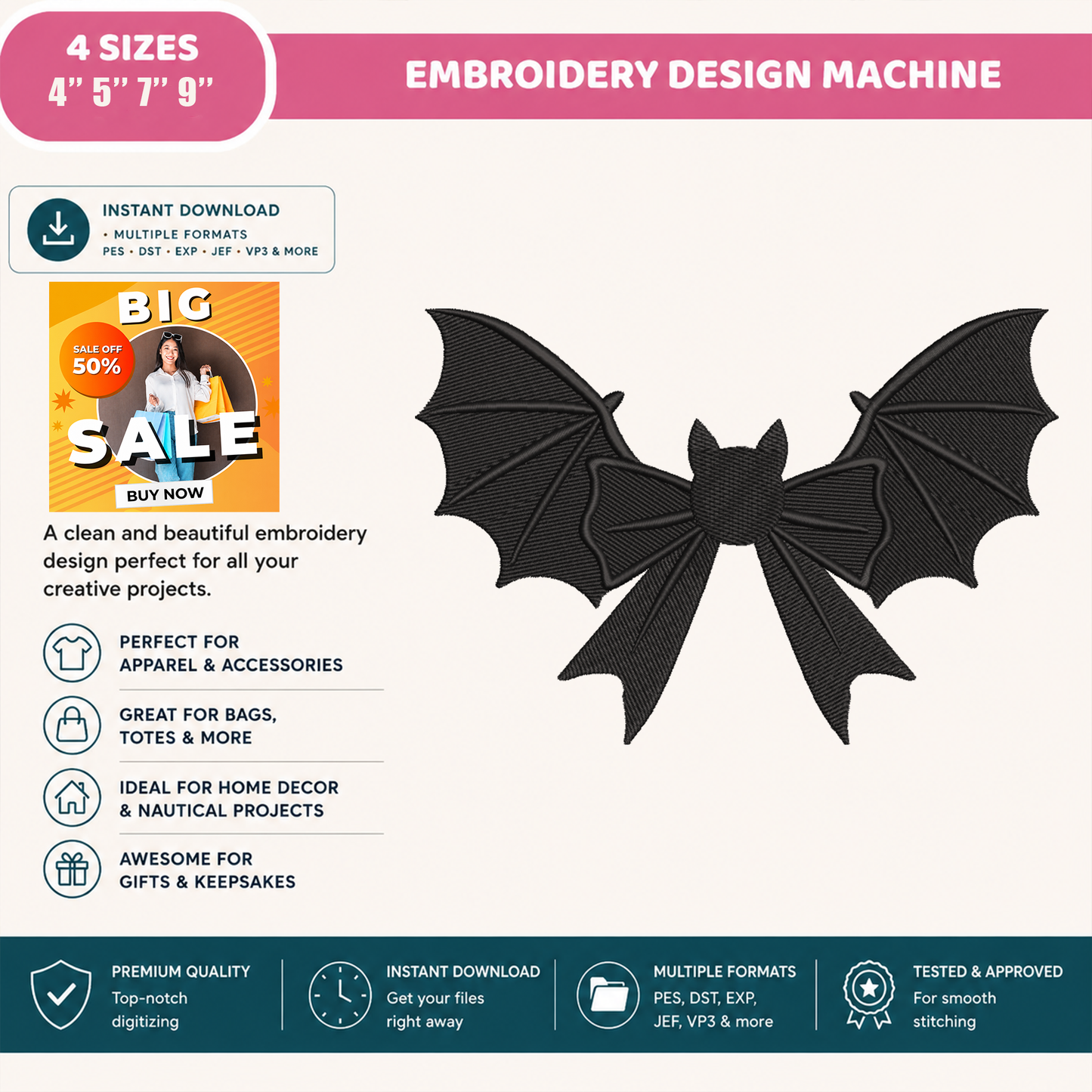 Coquette Bat Bow Machine Embroidery Design - Black Bat Wings Ribbon Gothic Halloween Digital File (4in, 5in, 7in, 9in) - EMB, DST, JEF, EXP, PES, VP3, HUS, XXX