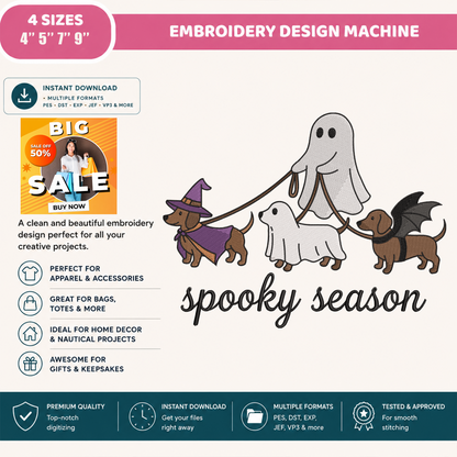 Ghost Walking Dachshund Dogs Machine Embroidery Design - Spooky Season Pet Lover Digital File (4in, 5in, 7in, 9in) - EMB, DST, JEF, EXP, PES, VP3, HUS, XXX