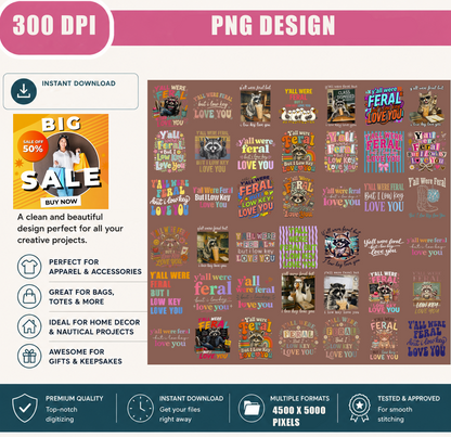 Y'all Were Feral But I Low Key Love You PNG Bundle, Funny Teacher PNG, Raccoon Classroom Designs, Back to School Sublimation, Digital Download