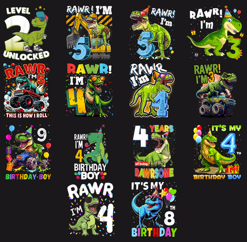 14 + Dinosaur Birthday PNG Bundle, Rawr Birthday Boy Shirt Designs, Kids Dino Party Sublimation Collection, Printable Digital Download