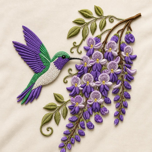 Hummingbird & Wisteria Embroidery Design, Floral Bird Garden Machine Embroidery File (Digital Download)