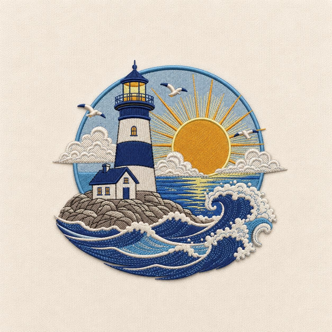 Coastal Lighthouse Embroidery Design, Ocean Lighthouse Sunrise Machine Embroidery, Nautical Beach Scene Decor (Digital Download)