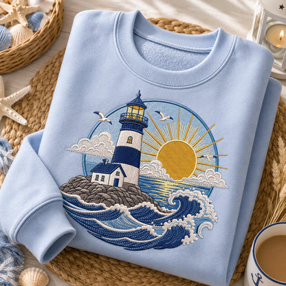 Coastal Lighthouse Embroidery Design, Ocean Lighthouse Sunrise Machine Embroidery, Nautical Beach Scene Decor (Digital Download)