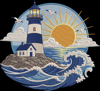 Coastal Lighthouse Embroidery Design, Ocean Lighthouse Sunrise Machine Embroidery, Nautical Beach Scene Decor (Digital Download)
