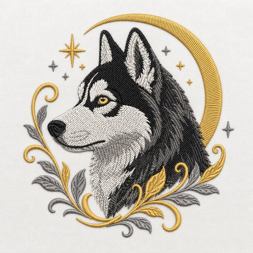 Wolf Crescent Moon Embroidery Design, Mystical Wolf Portrait With Stars and Botanical Leaves, Celestial Animal Art (Digital Download)