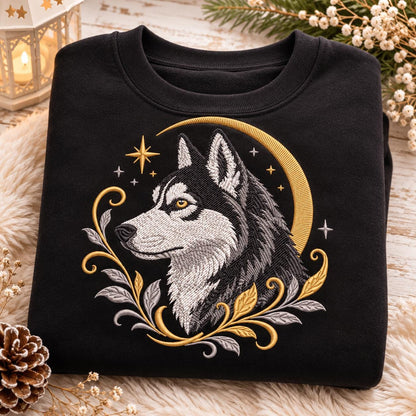 Wolf Crescent Moon Embroidery Design, Mystical Wolf Portrait With Stars and Botanical Leaves, Celestial Animal Art (Digital Download)