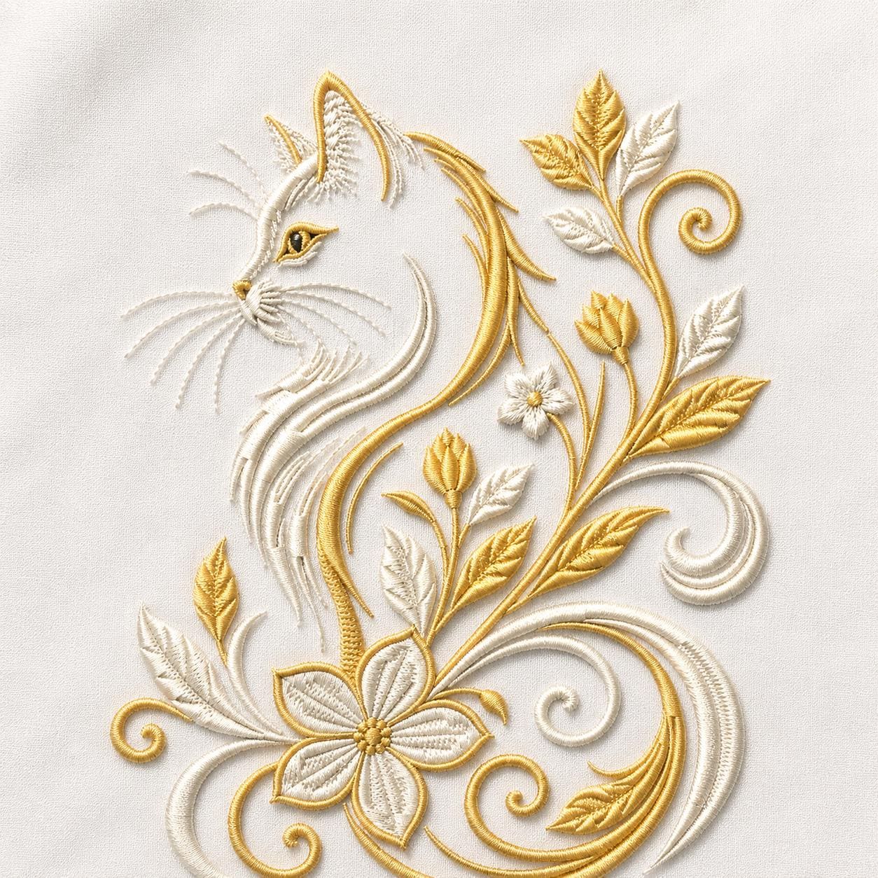 Floral Cat Embroidery Design, Elegant White Cat With Gold Flowers and Botanical Swirls, Whimsical Animal Art (Digital Download)