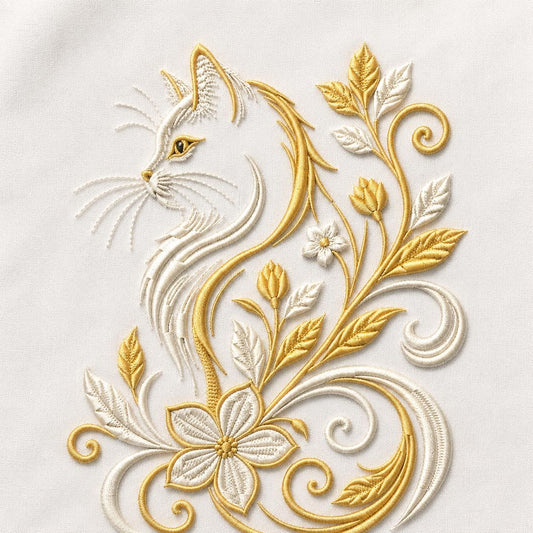 Floral Cat Embroidery Design, Elegant White Cat With Gold Flowers and Botanical Swirls, Whimsical Animal Art (Digital Download)