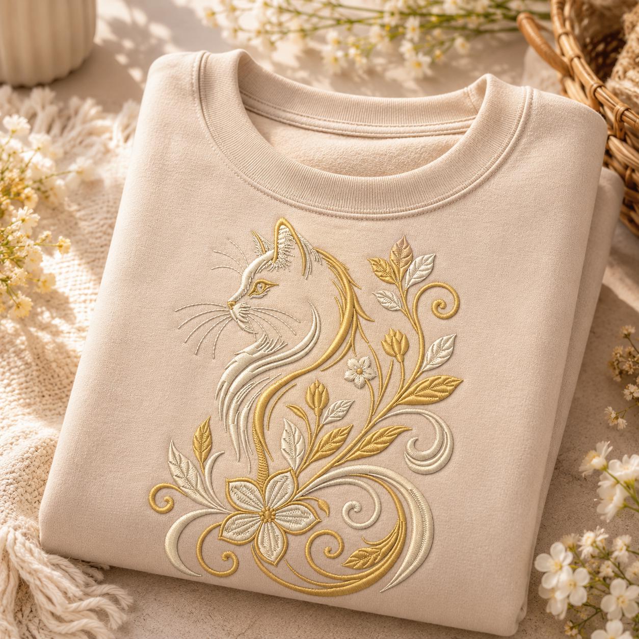 Floral Cat Embroidery Design, Elegant White Cat With Gold Flowers and Botanical Swirls, Whimsical Animal Art (Digital Download)