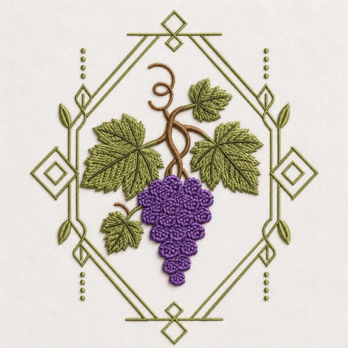 Grape Vine Embroidery Design, Purple Grapes With Botanical Leaves and Geometric Frame, Vineyard Fruit Art (Digital Download)