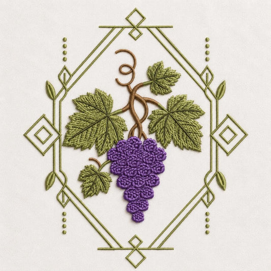 Grape Vine Embroidery Design, Purple Grapes With Botanical Leaves and Geometric Frame, Vineyard Fruit Art (Digital Download)