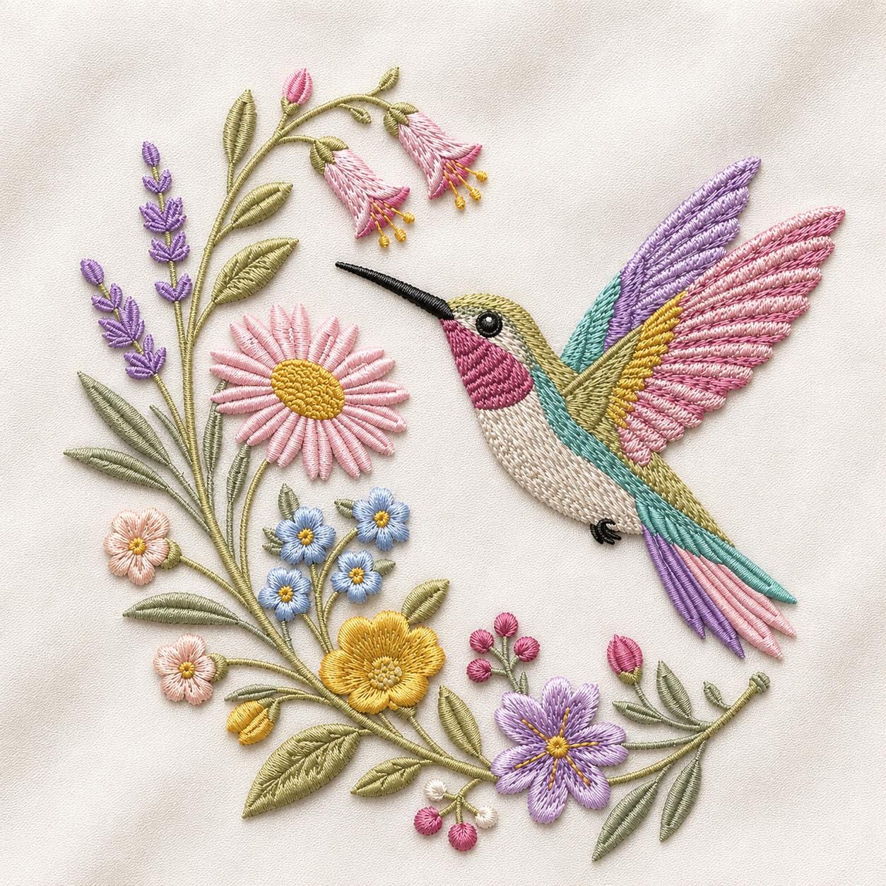 Hummingbird Floral Embroidery Design, Colorful Hummingbird With Wildflowers and Lavender, Garden Bird Art (Digital Download)