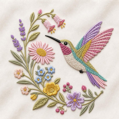 Hummingbird Floral Embroidery Design, Colorful Hummingbird With Wildflowers and Lavender, Garden Bird Art (Digital Download)