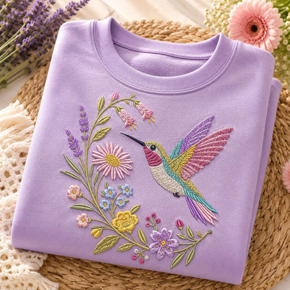 Hummingbird Floral Embroidery Design, Colorful Hummingbird With Wildflowers and Lavender, Garden Bird Art (Digital Download)